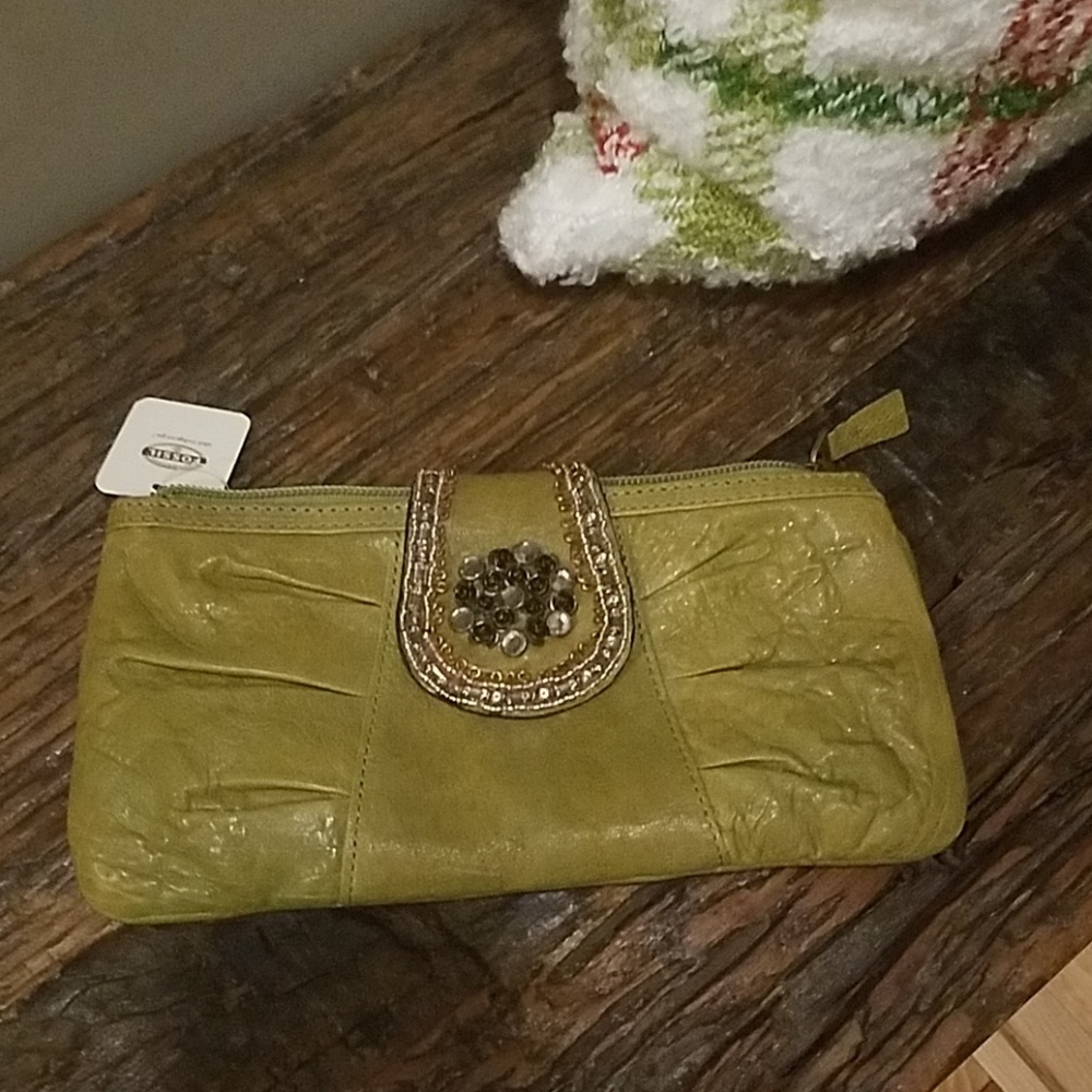 Fossil Leather Green Jeweled Tab Clutch NWT